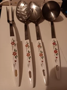 4 PC MID CENTURY KITCHEN UTENSILS Floral HANDLE Household Japan STAINLESS Set - Picture 1 of 8