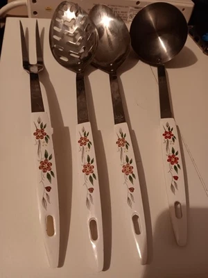 4 PC MID CENTURY KITCHEN UTENSILS Floral HANDLE Household Japan STAINLESS Set - Image 1 of 4