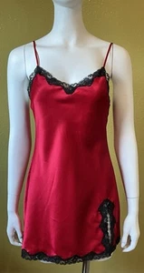 Y2K 02 Vtg Slip Dress Red Satin Black Lace Babydoll Coquette Victorian Feminine - Picture 1 of 22