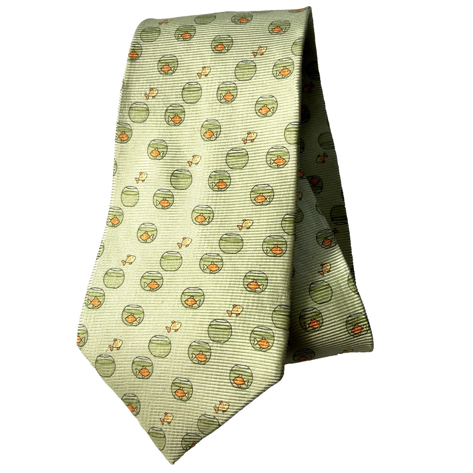 Tommy Hilfiger 100% Silk Men's Necktie Yellow fish on Light green 60"x 3.5" - Image 1 of 4