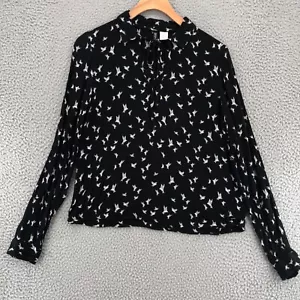 H&M geteiltes Oberteil Damen 6 schwarzer Vogeldruck langärmeliger gebundener V-Ausschnitt-Kragen kurz - Bild 1 von 11