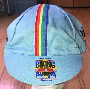 Vintage 1987 Great Lakes Biking for Burns Bikeathon Rainbow Ribbon Blue Cap Hat - Picture 1 of 5
