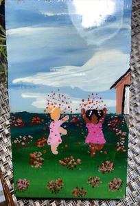 Small Folk Art Painting Black and White Child Celebrating in Meadow 3 1/2" by 6" - Picture 1 of 3