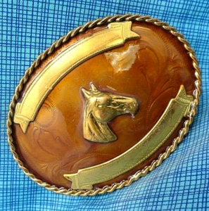 Western Horse Trophy Belt Buckle German Silver Rodeo Ribbons Vtg 80s .XTT551 - Picture 1 of 8