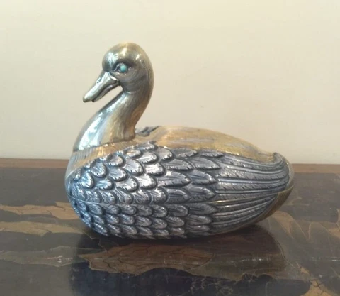 Antique Duck Box Sterling Silver Vermeil Turquoise Atane Sign Wings Rare 20th Cover