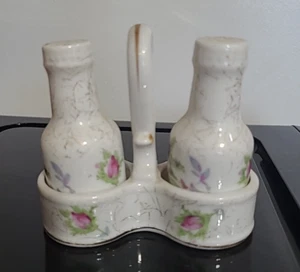 Vintage Dresden Rose Salt & Pepper Shakers Bottle Shaped in Stand Caddy NW-9/382 - Picture 1 of 11