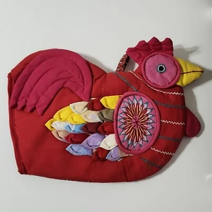 Guante de horno bordado acolchado hecho a mano vintage bache pollo granja rojo  - Imagen 1 de 2