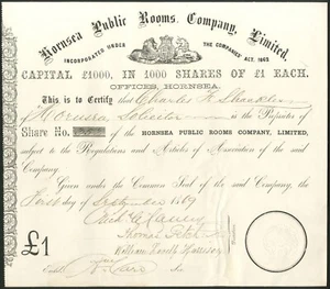 Hornsea Public Rooms Co. Ltd., £1 Aktien, 18[69], schwarz. GVF - Bild 1 von 1