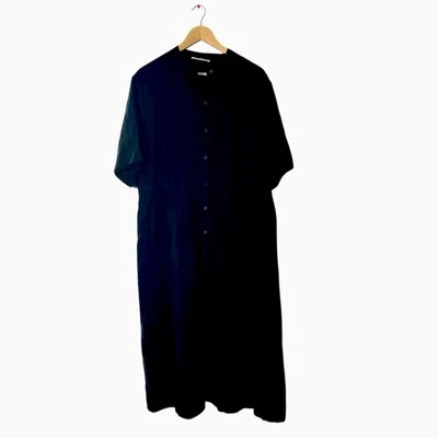 Everlane Midi Linen Dress Womens 16 Black Button Up Short Sleeves Pockets NWOT - Image 1 of 4