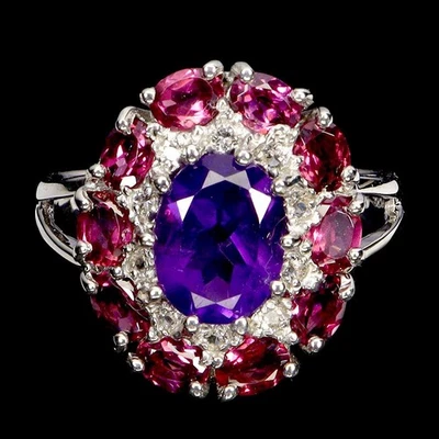 925 Sterling Silver Ring Oval Amethyst 9x6mm Rhodolite Garnet Gemstone Jewelry 8 - Image 1 of 4