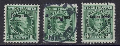 US Scott RD365/RD369, mix of 3, 1c/40c “Series 1952” Stock Transfer Greens cj108 - Image 1 of 2