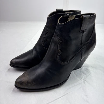 Frye Reina Western Ankle Boots Distressed Black Leather Side Zip Womens Size 10M - Image 1 of 4