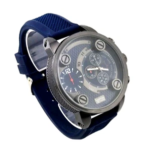 Huge 52mm Mens American Exchange Watch w Blue Silicone Band Faux Subdial NEW BAT - Picture 1 of 10