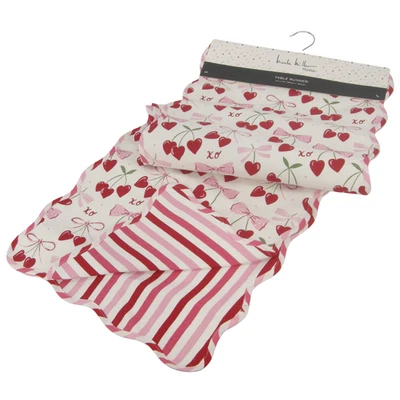 Nicole Miller Reversible Valentine Hearts Bows Cherries 14" x 72" Table Runner - Image 1 of 4