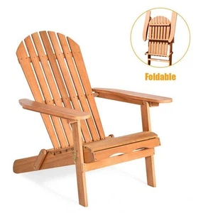 Natural Folding Eucalyptus Wood Adirondack Chair Foldable Outdoor Wood Lounger - Picture 1 of 10