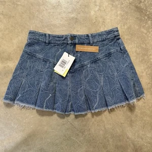 Kourt Jean Skirt Womens Size Medium Blue Denim Mini Pleated Raw Hem - Picture 1 of 9