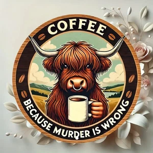 Letrero de aluminio Highland Cow Coffee porque el asesinato está mal decoración del hogar regalo - Imagen 1 de 3