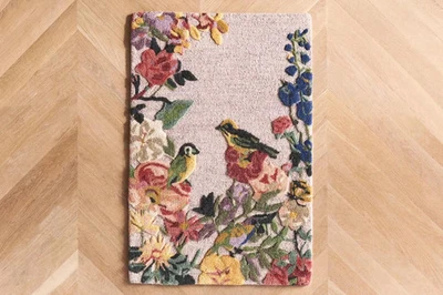 Hand Tufted Floral Area Rug with Birds, Multicolor Nature Design Carpet - Image 1 of 4