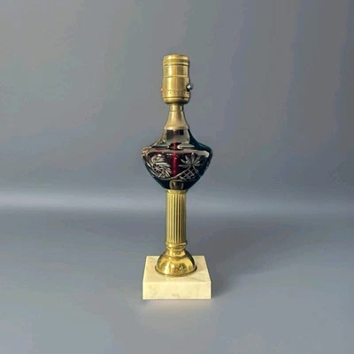 Vintage Bohemian Ruby Cut to Clear Glass Brass Marble Table Lamp 1950s. 11" Tall - Image 1 of 4