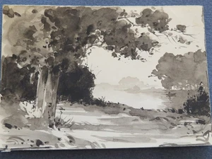 ent. Henri HARPIGNIES 1819-1916 DRAWING WASH INK LANDSCAPE RIVER BARBIZON XIX - Picture 1 of 5