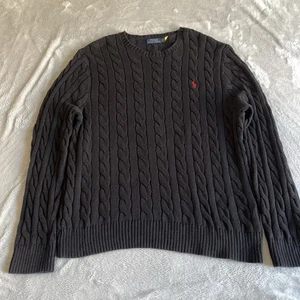 Polo Ralph Lauren Cable Knit Jumper Mens XL Black Cotton Round Neck Pullover - Picture 1 of 12
