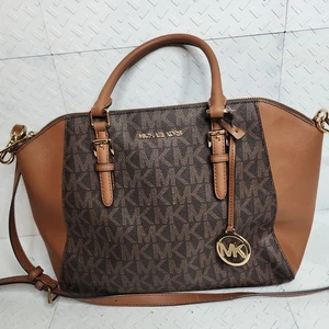 Michael Kors MK Signature Hamilton Satchel Handbag Brown Monogram Crossbody - Picture 1 of 13