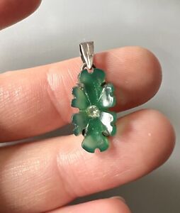 Antique Sterling Silver Hand Carved Flower Green Chalcedony Delicate Pendant