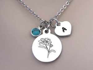 Collar Flor Margarita con Inicial y Piedra Natal, Flor Nacimiento Abril Joyería Regalo - Imagen 1 de 6