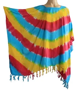 Ladies short Kaftan Poncho Tunic top beach wear fits large plus size fringed new - Picture 1 of 4