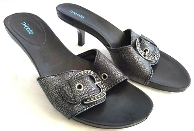 Nicole Catarina Women Size 7.5M Silver Slip On Open Toe Heels Slide Sandals - Image 1 of 4