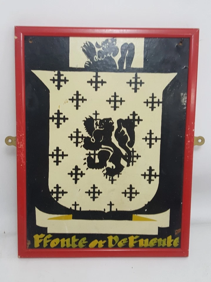 Vintage HAND PAINTED COAT OF ARMS DE FUENTE Surname Latin Motto Heraldic Crest - Image 1 of 4