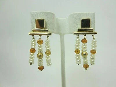 18K Yellow Gold Pearl and Citrine Bead Dangle Earrings - Image 1 of 4