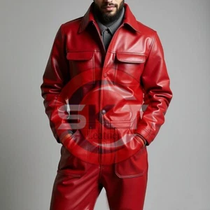 HERREN ECHT ROT LEDER CATSUIT FRONT KLAPPTASCHE OVERALL BODYSUIT JUMPSUIT - Bild 1 von 3