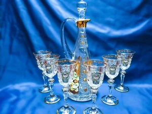 Czech bohemia crystal glass - Liquer set 6 + 1 decorated gold and enamel - Picture 1 of 5
