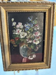 "Vintage GLENN F. BASTIAN Quadro in miniatura originale firmato ""Fiori da giardino"" 3x1,5""" - Foto 1 di 7