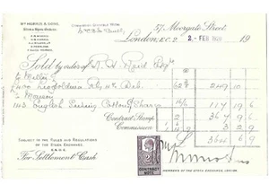 CONTRACT NOTE 2/- STAMP ON LEOPOLD RLY £200 STOCK CERTIFICATE,.. 2nd FEB  1920. - Picture 1 of 1