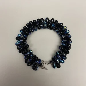 925 Sterling Silver Bracelet Blue Black Sea Glass Tear Drop Beads Iridescent - Picture 1 of 11