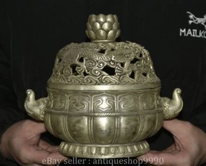 8" Xuande Marked Chinese Silver Dragon Lotus Sculpture Incense Burner Censer - Picture 1 of 13