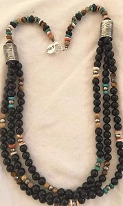 Turquoise Black Onyx 3 Strand Navajo Sterling Silver Necklace Gift 319 - Picture 1 of 8