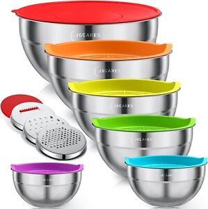 Mixing Bowls with Colorful Airtight Lids, 6 Piece Stainless Steel Metal Bowls