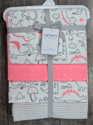 Baby Girl New Carter's 4PK Pink Dinosaur Receiving Blanket Set Rare - Image 1 of 2