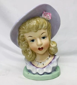 Vintage Lady Head Vase 60s Purple Hat And Dress Blond Hair Neckless Rose MINT - Picture 1 of 9