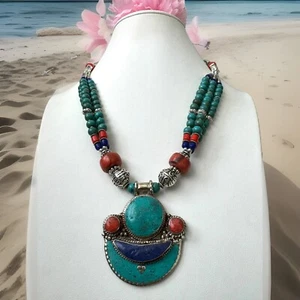 Vintage multi strand tribal style handcrafted silver &stone pendant necklace 19” - Picture 1 of 6