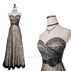 Y2K Jump Lace Prom Dress Maxi Gown 2 Black Tan Y2K Bow Coquette Strapless Glam - Picture 1 of 15