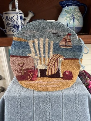 100% Wool Hand Hooked Chair Pads with Beach Scene Set of 4 - Image 1 of 4
