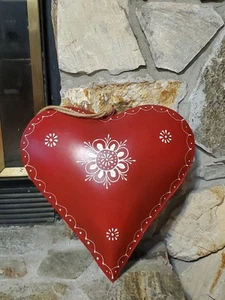 Vtg Galvanized Red HEART Metal Wall Decor, Ornament 13 Inch - Picture 1 of 9