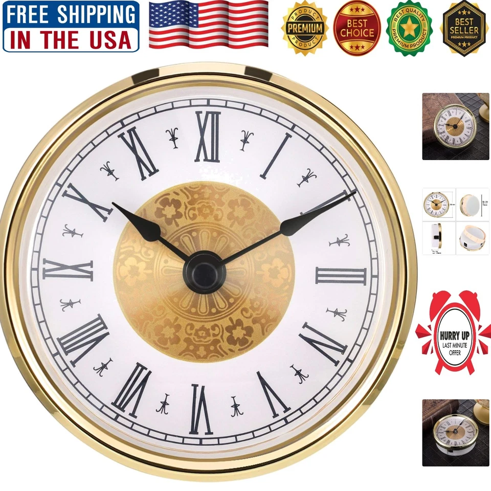 Hicarer 3-1/8 Inch 80 Mm Clock Insert With Roman Numeral Quartz Movement Gold