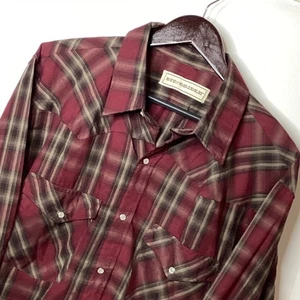 BIT & BRIDLE Western Plaid Pearl Snap Long Sleeve Shirt Women Burgundy Brown - Picture 1 of 14