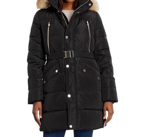 Cappotto imbottito Michael Kors in pelliccia sintetica con cintura lunghezza 3 4 nero