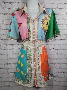 Womens Unmarked Linen Blend Playing Cards Pattern Mini Dress Size Small - Picture 1 of 8